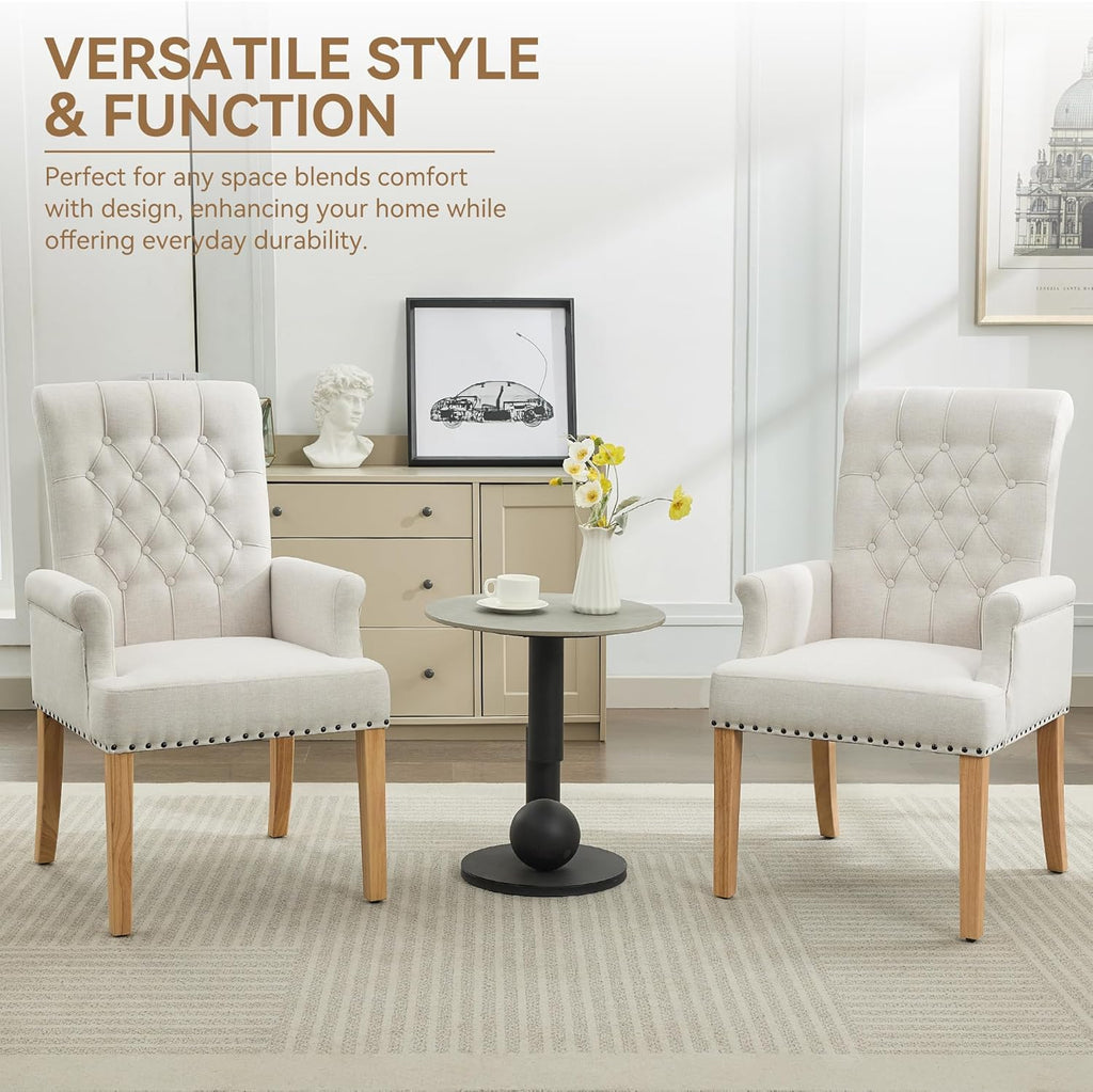 WUTUTUEE Fabric Dining Chair with Arms, Upholstered Tufted High Back Dining Room Chairs, Accent Armchair with Solid Wood Leg and Nailhead Trim, Kitchen Dining Living Room, Beige