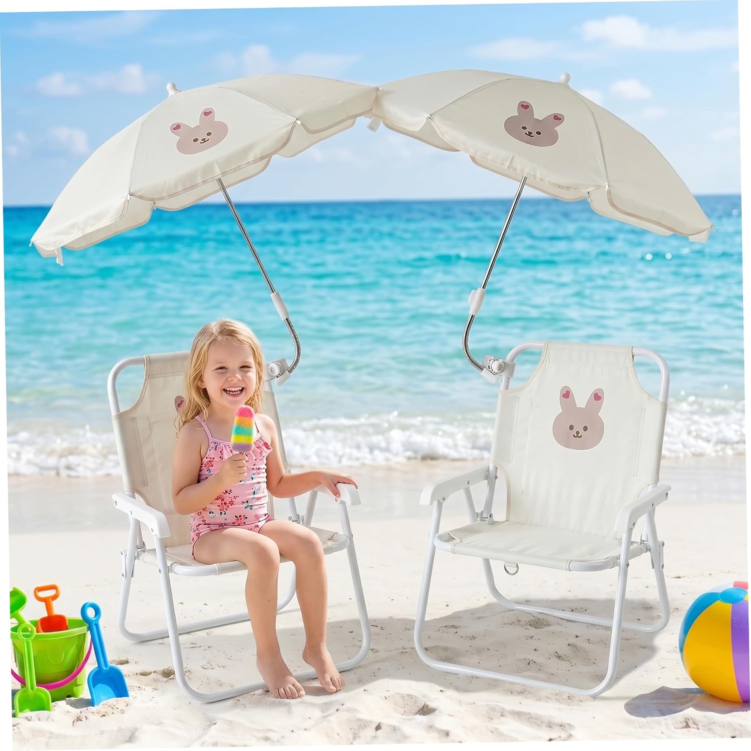 Kids Beach Chair with Umbrella, Foldable Toddler Lawn Chair with Sun Shade for Beach/Pool/Camping/Fishing, Bunny..