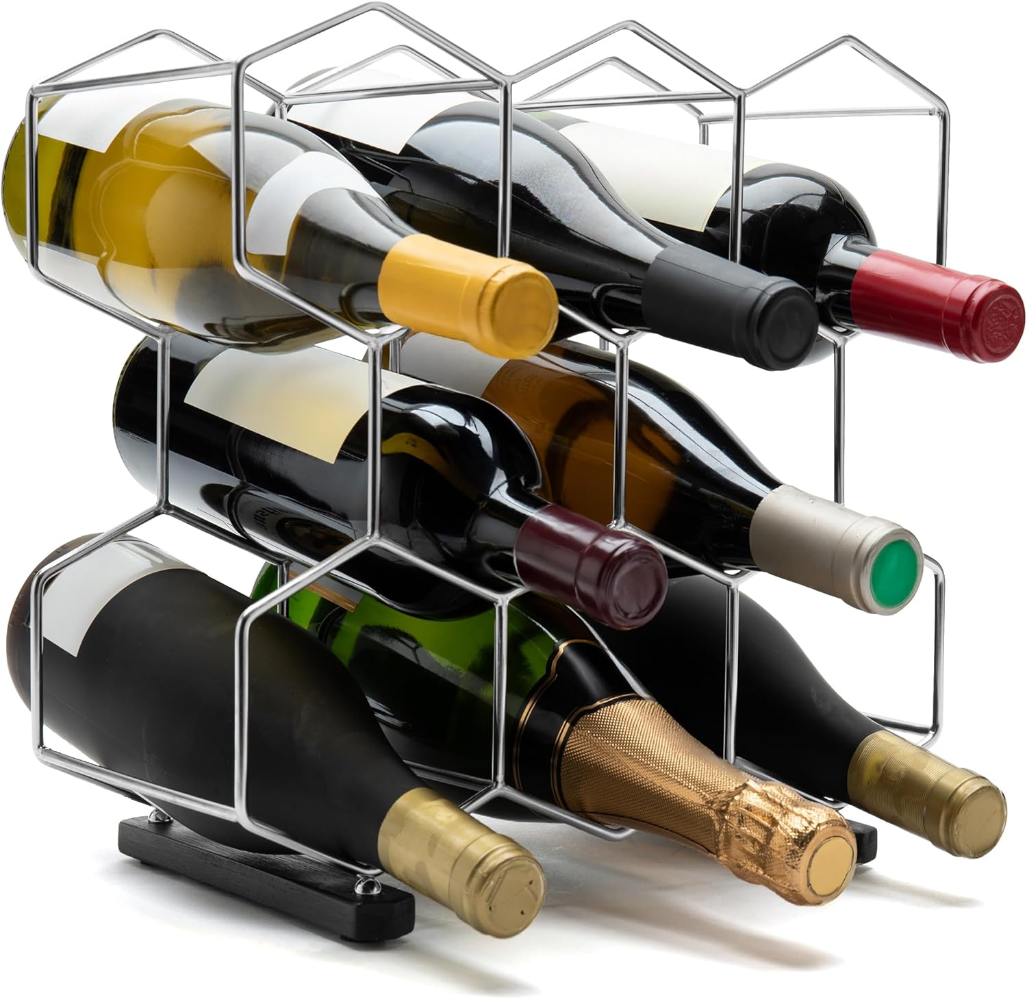 Countertop Wine Rack - 8-Bottle - Stainless Steel & Charcoal Oak - 3 Tier Tabletop Wine Holder Stand for Cabinet, Pantry - Freestanding - No Assembly Required