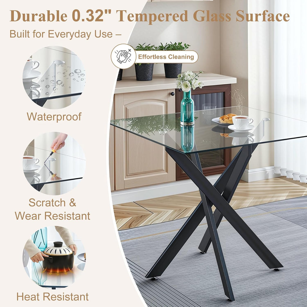 AF ARTISAN FURNITURE 36” Square Glass Dining Table for 4, Clear Tempered Glass Kitchen Table with Black Metal X Legs, Small Square Dining Table for Apartment, Dining Room & Bistro