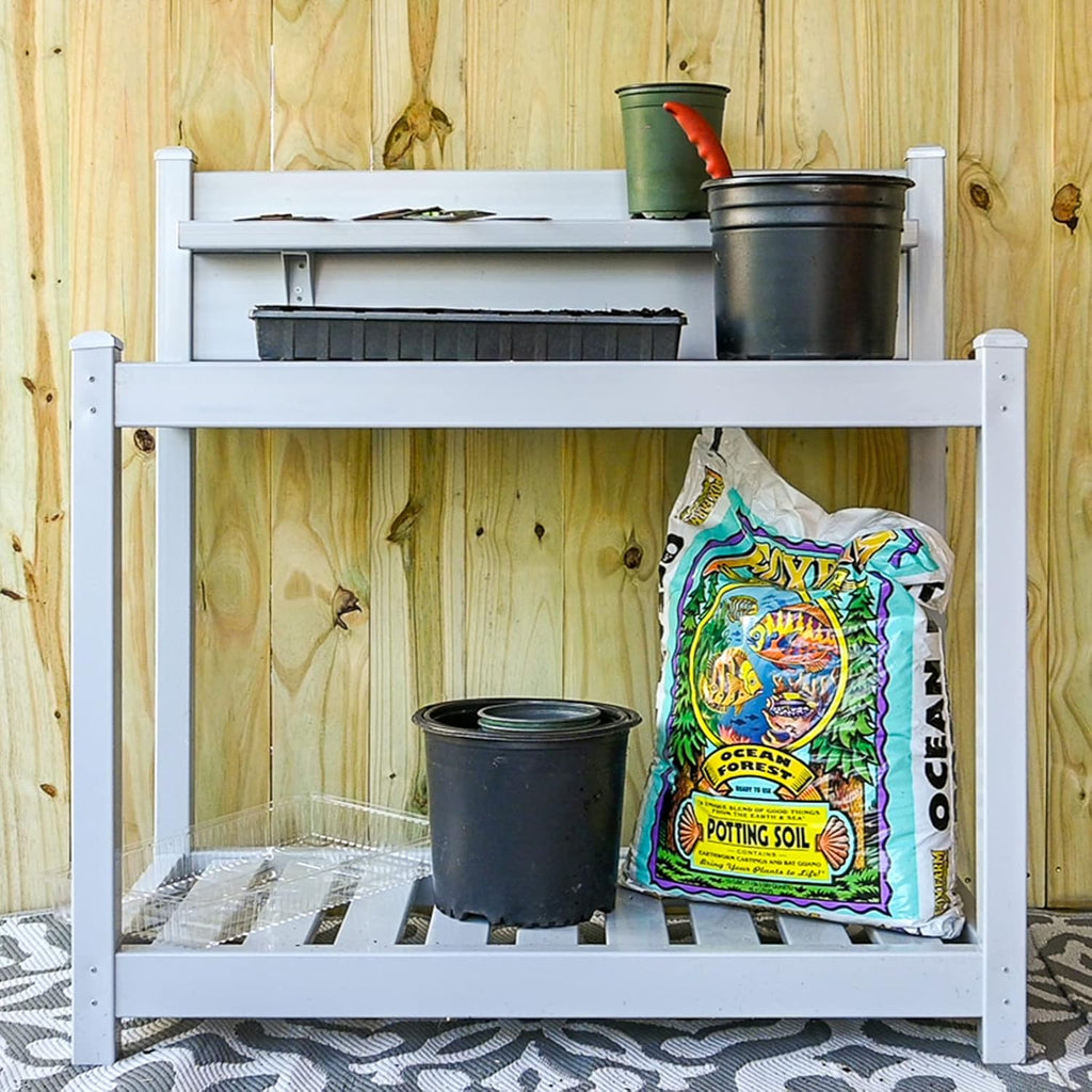 EAGLE PEAK Potting Bench, Weatherproof Vinyl Potting Table for Outdoor & Indoor Use, Easy Clean Garden Workstation with Storage Shelves, Gray, 40"
