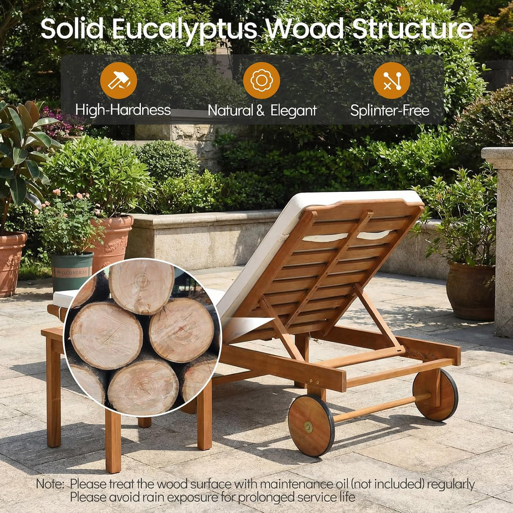 Tangkula Folding Lounge Chairs Outdoor Set of 2, Patio Eucalyptus Wood Chaise Lounge with 5-Level Adjustable Backrest & Cushions, Portable Beach Pool Sunbathing Recliner with Wheels for Outside