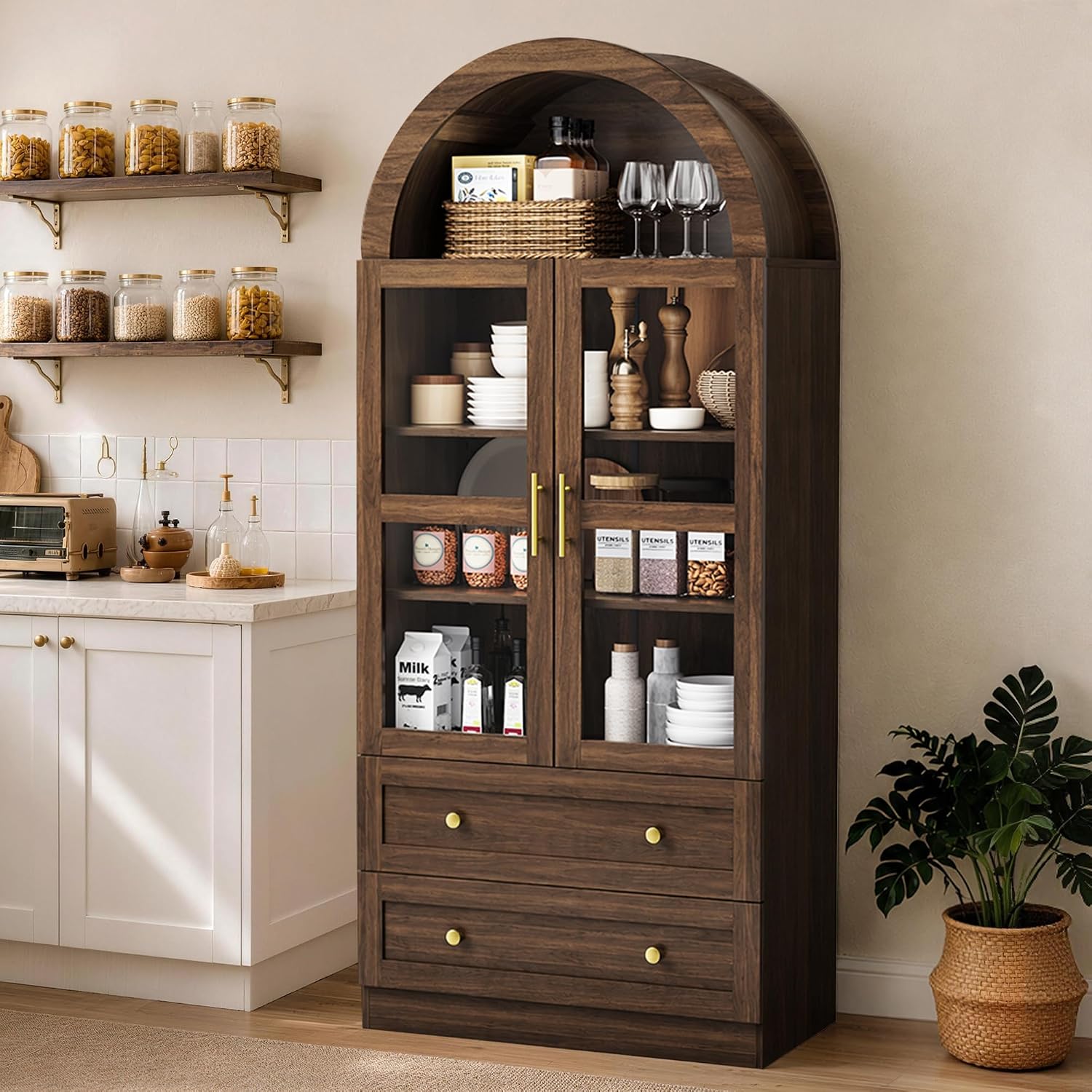 71" Tall Arched Kitchen Pantry Cabinet, Modern Farmhouse Kitchens Storage Cabinet with 2 Large Drawers & Glass Doors, Freestanding Versatile Cupboard for Living Room, Dining Room, Brown
