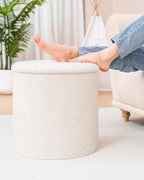 Round Boucle Storage Ottoman with Reversible Wood Tray, 17.7" Sherpa Cylinder Footrest Stool with Storage, Upholstered Folding Ottoman Coffee Table for Living Room Bedroom Dorm, White