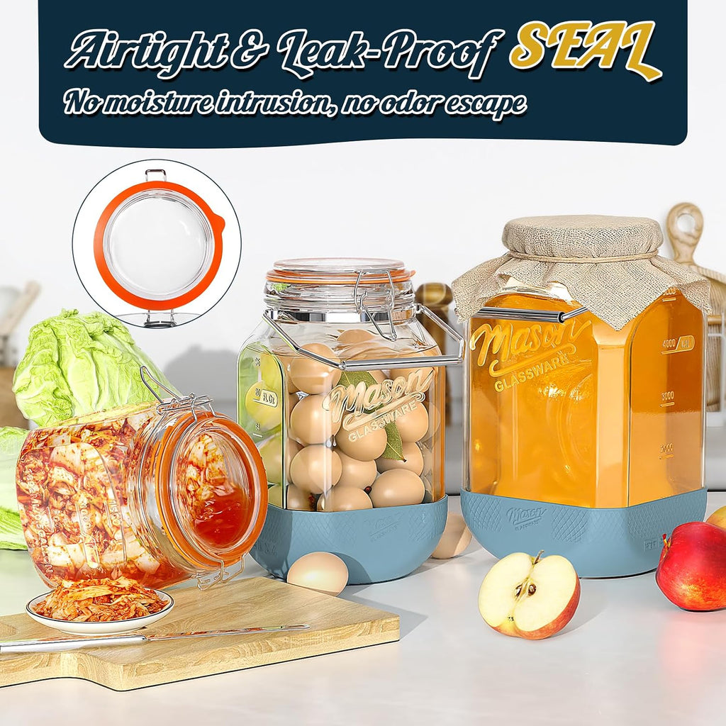 [NEW] 2 Pack Square 1.5 Gallon Glass Jar with Hinged Airtight Lid, Large Mason Jars Wide Mouth with Handle, Glass Storage Containers with Non-slip Base for Pantry, Laundry Room, Flour, Rice, Dog Treat