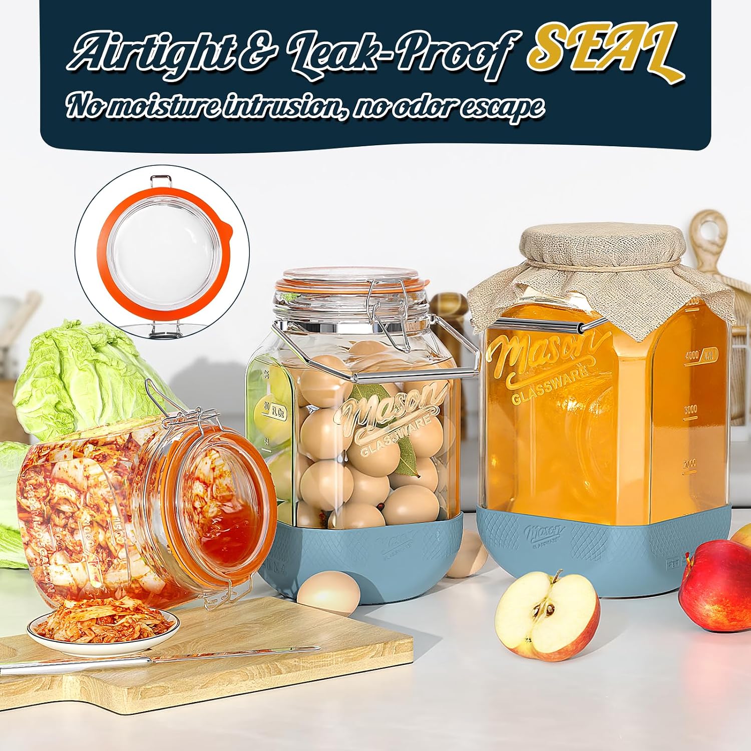 [NEW] 2 Pack Square 1.5 Gallon Glass Jar with Hinged Airtight Lid, Large Mason Jars Wide Mouth with Handle, Glass Storage Containers with Non-slip Base for Pantry, Laundry Room, Flour, Rice, Dog Treat