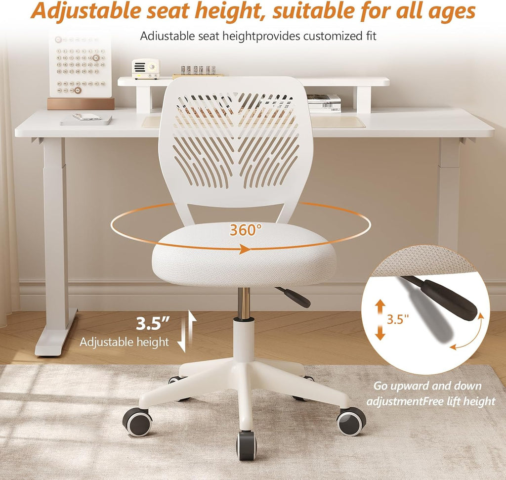 Small Desk Chair Armless Task Chair with Soft Padded Cushion Height Adjustable Swivel Rolling Comfortable Study Computer Chair, White