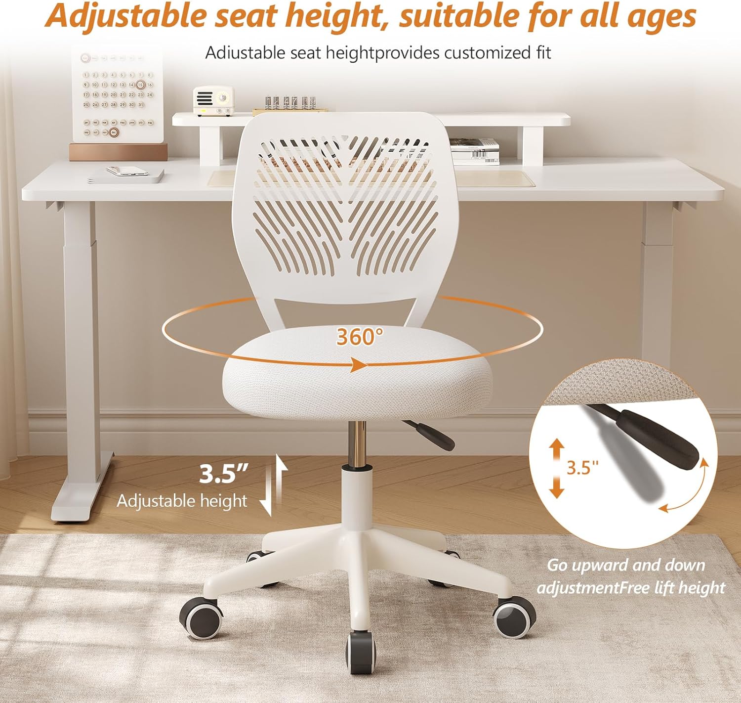 Small Desk Chair Armless Task Chair with Soft Padded Cushion Height Adjustable Swivel Rolling Comfortable Study Computer Chair, White