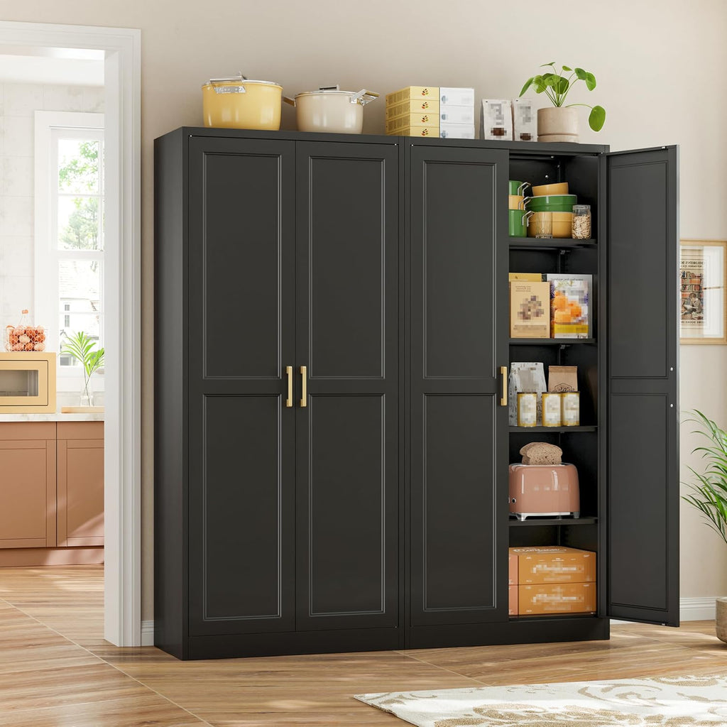 71" Tall Kitchen Storage Cabinet with Gold Handles, Metal Pantry Cabinets with 2 Doors, Food Pantry, Adjustable Shelves, Black Freestanding Pantry Cupboard for Dining, Kitchen, Living Room