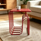 Red Curved Metal Side Table - Modern Square Accent End Table with Artistic Layered Frame, Minimalist Decorative Nightstand for Living Room, Bedroom, Entryway, Small Spaces, Easy to Clean