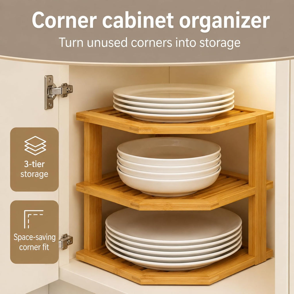 Bambüsi Plate Organizer for Cabinet - 3 Tier Bamboo Corner Cabinet Organizer Shelf for Plates Bowls Mugs Cups, Kitchen Cabinet Organizer, Cabinet Shelf Organizer, Countertop Rack, 10 x 10 x 9.5 Inch