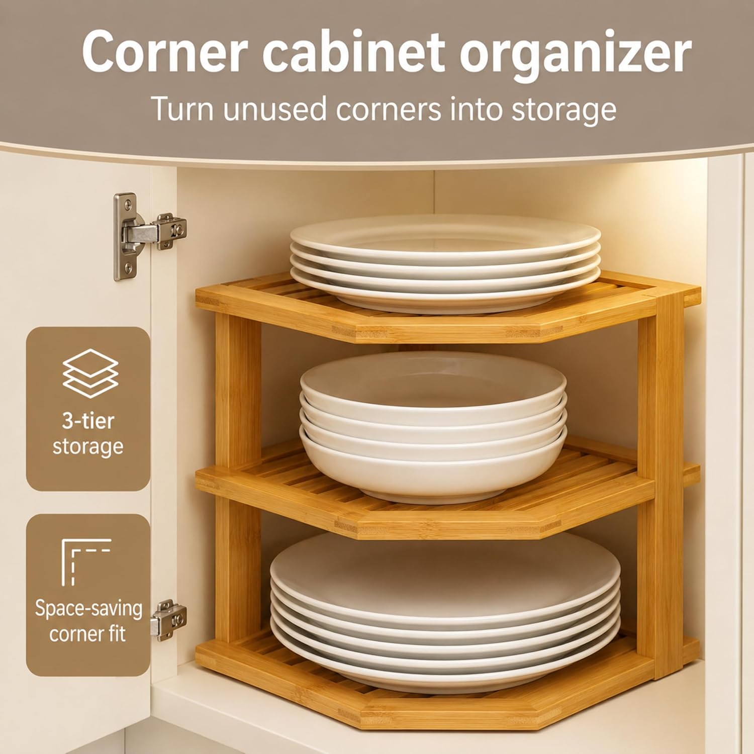 Bambüsi Plate Organizer for Cabinet - 3 Tier Bamboo Corner Cabinet Organizer Shelf for Plates Bowls Mugs Cups, Kitchen Cabinet Organizer, Cabinet Shelf Organizer, Countertop Rack, 10 x 10 x 9.5 Inch