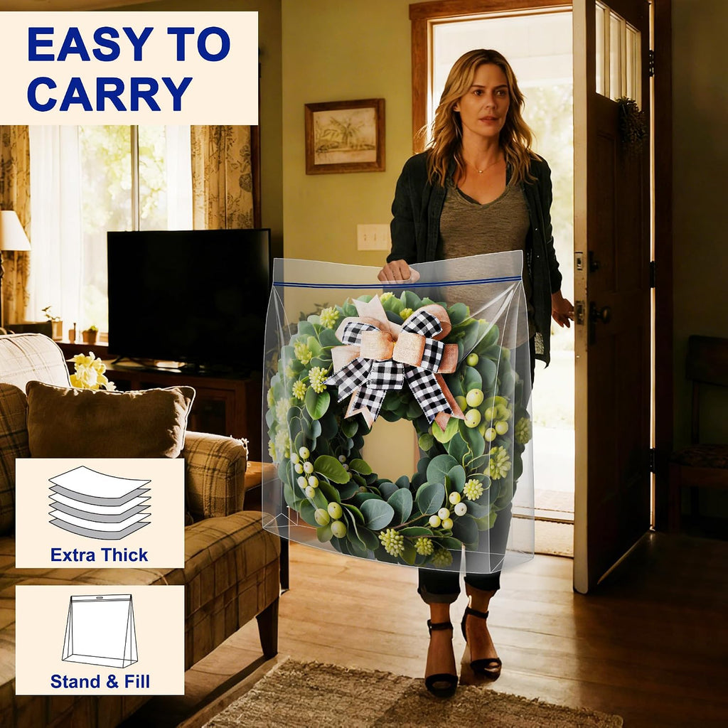 Extra Large Clear Wreath Storage Plastic Bag with Handle For Halloween Summer Christmas Decoration or Clothing Blanket Comforters Bed Sheets Pillows, 4 Pack, 24"x24"x7"