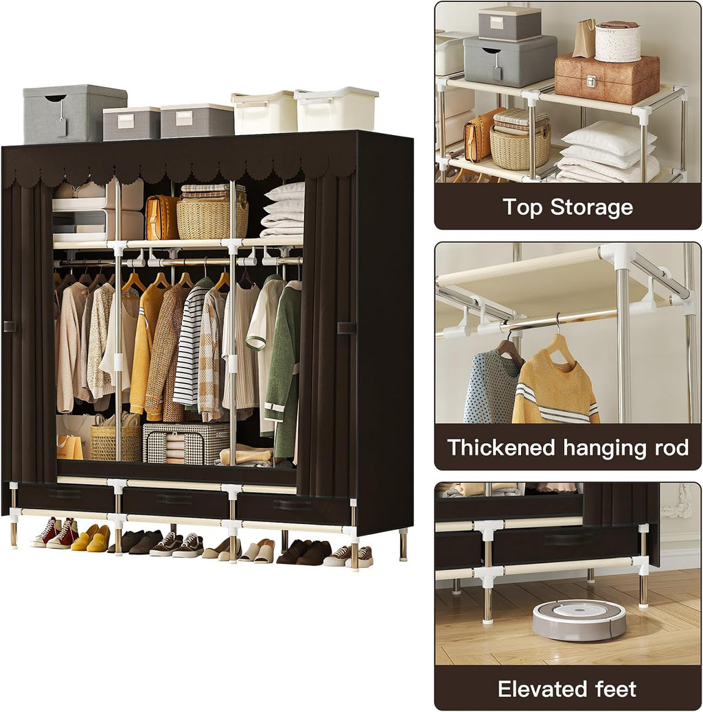 Portable Wardrobe 3 Rods 3 Drawers 3 Compartments Non-Woven Fabric Metal Frame Small Room (Brown, 57.5 in)