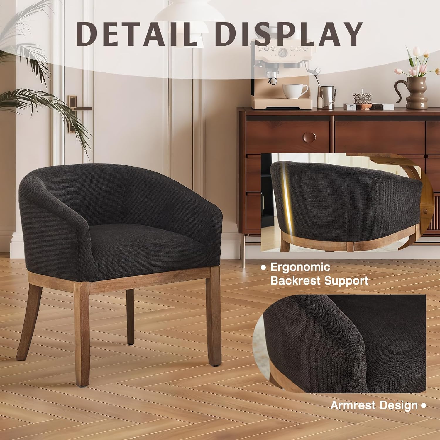 SoarFlash Modern Upholstered Barrel Dining Chair Set of 2, Natural Hardwood Frame, Farmhouse Linen Chairs for Dining Room, Kitchen(Black)