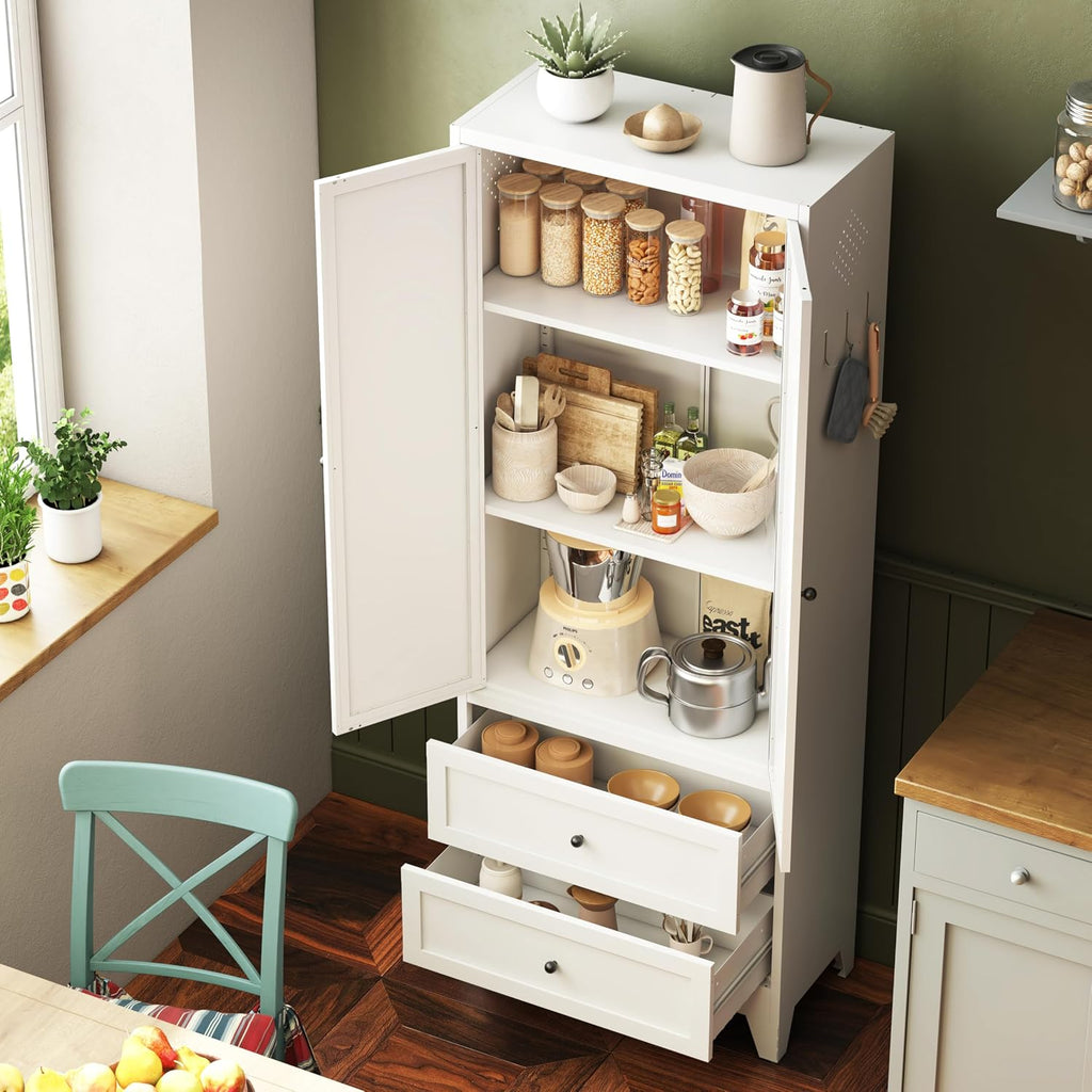 72'' White Steel Pantry Cabinet with 2 Drawers & Adjustable Shelves - Heavy-Duty Freestanding Storage Organizer for Kitchen/Pantry/Dining Room, 60LBS Capacity, Ventilated Design