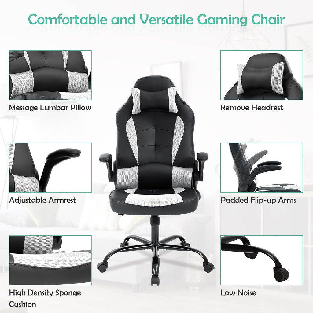 Cheap Video Game Chair, PC Gaming Chair Ergonomic Computer Game Chair with Headrest and Lumbar Support Adjustable Armrest PU Leather High Back Racing Swivel Office Chair for Adults Kids White