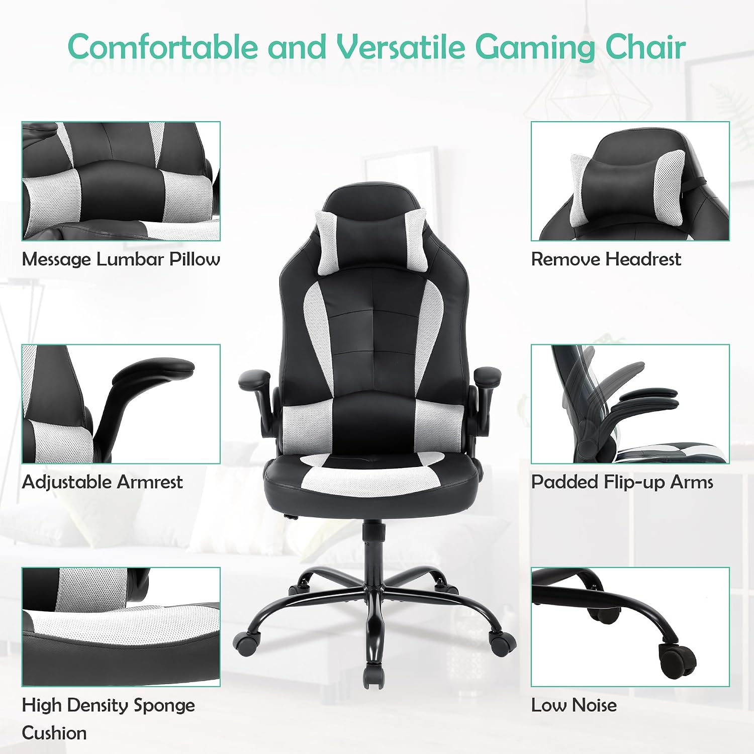 Cheap Video Game Chair, PC Gaming Chair Ergonomic Computer Game Chair with Headrest and Lumbar Support Adjustable Armrest PU Leather High Back Racing Swivel Office Chair for Adults Kids White