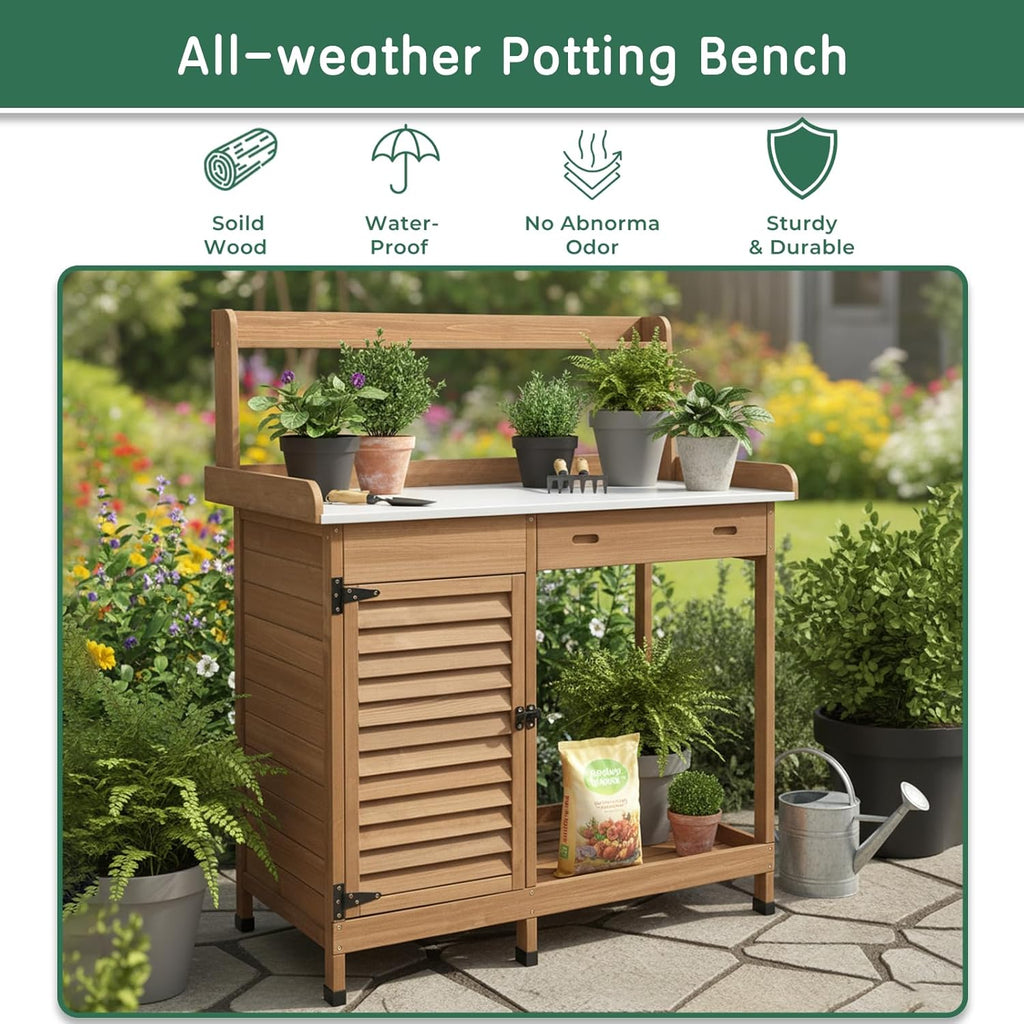 Potting Bench Table Work Bench with Storage Cabinet Outdoor Wooden Garden Workstation with Metal Tabletop/Drawer/Hooks/Open Shelf(41" LX 12.5" W X 49.2" H)