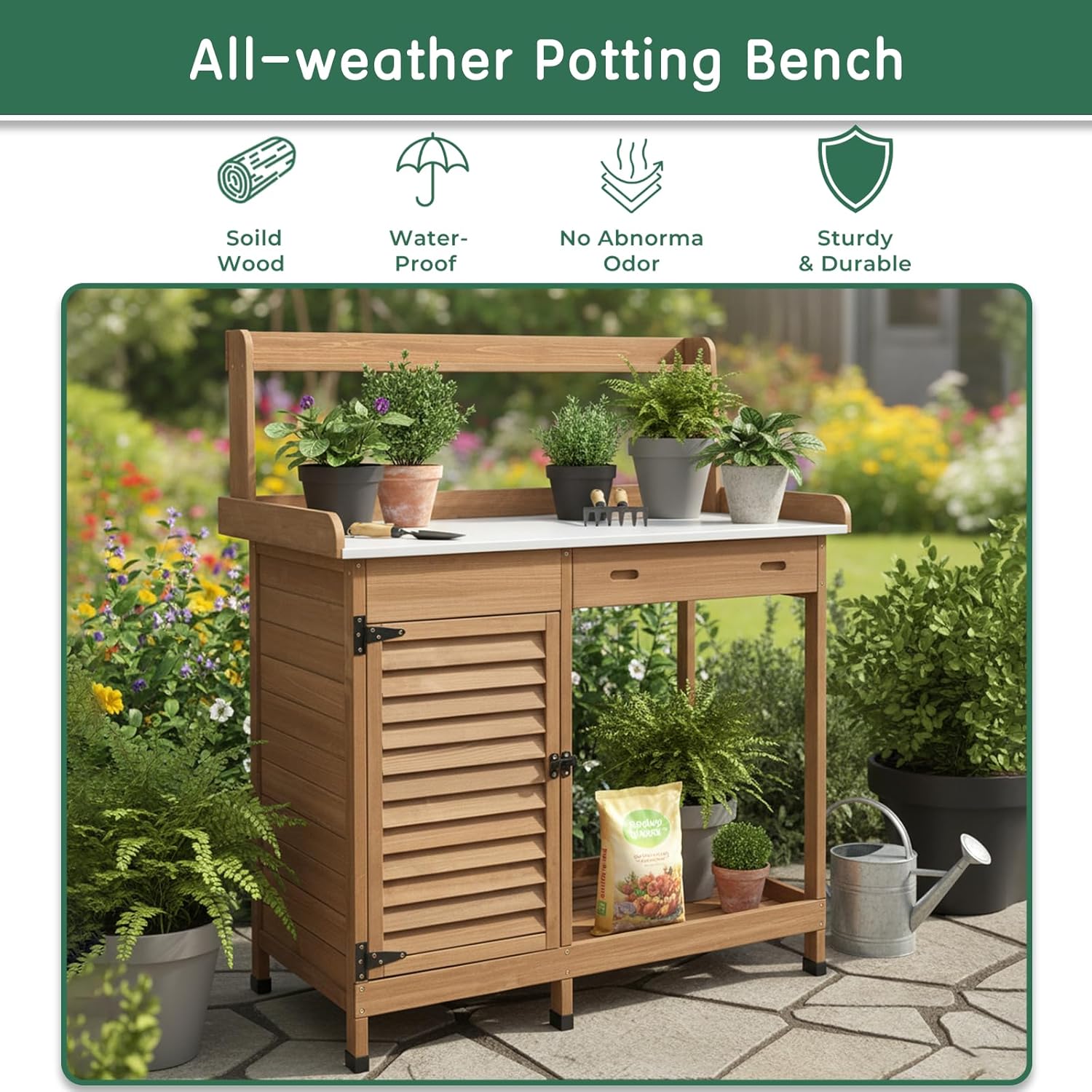 Potting Bench Table Work Bench with Storage Cabinet Outdoor Wooden Garden Workstation with Metal Tabletop/Drawer/Hooks/Open Shelf(41" LX 12.5" W X 49.2" H)