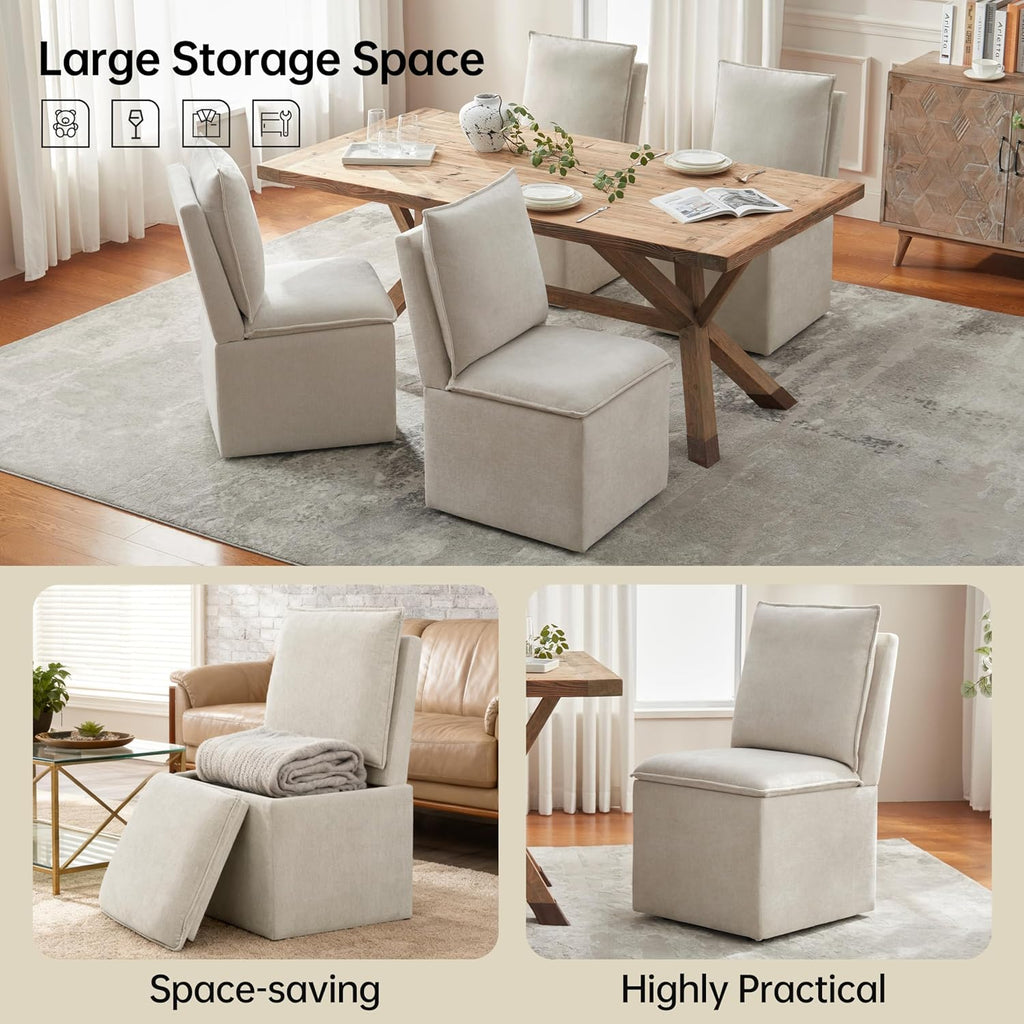 VKNOW Upholstered Dining Chairs Set of 2, Modern Rolling Chairs with Storage and Wheels, Linen Armless Chair with Cushion and Backrest, Dining Room Chairs for Living Room Kitchen Bedroom, Beige