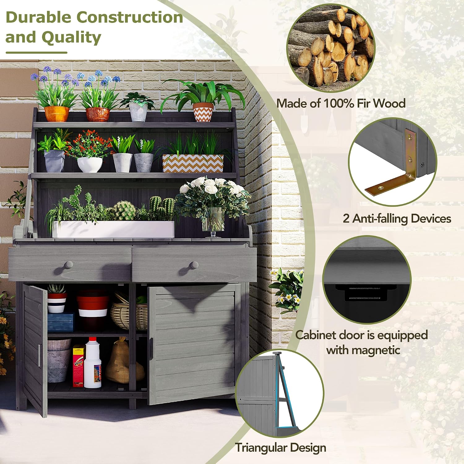 47.2" L x 65" H Outdoor Potting Bench with Storage Cabinet & Shelf, Solid Fir Wood Garden Workstation, Heavy Duty Gardening Table for Patio Backyard, Plants & Tools, Easy Assembly, Brown