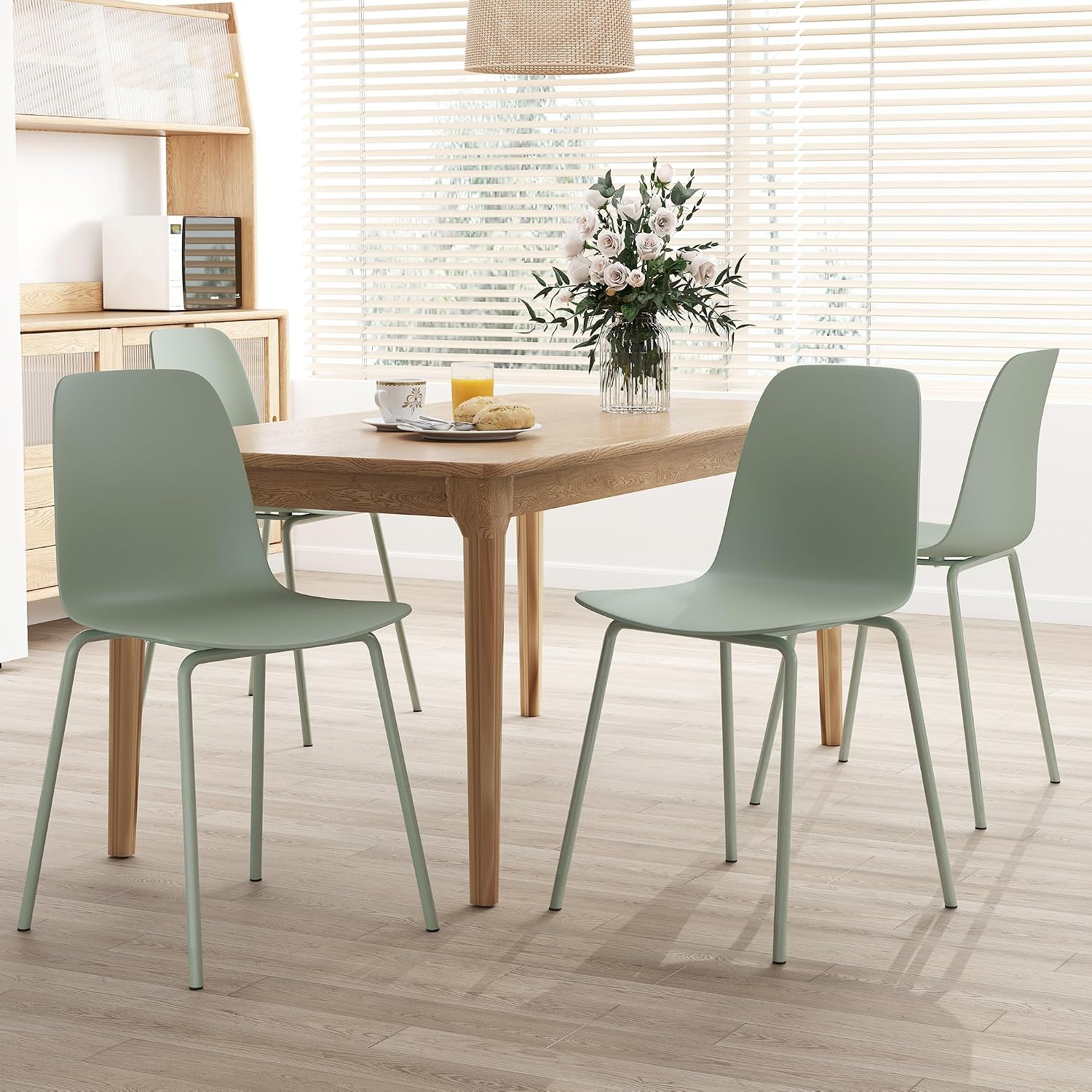 Mid Century Kitchen Chairs Set of 4,Green Plastic Dining Chairs Outdoor Chairs with Metal Legs for Living & Dining Room(4pc,Mint Green)