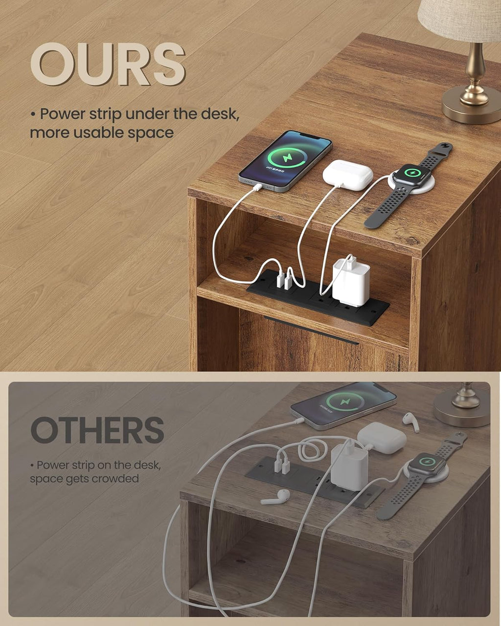 VASAGLE MAEZO Collection - End Table with Charging Station, Narrow Side Table, Nightstand with Tapered Legs, Curved Transitions, for Small Spaces, Living Room, Bedroom, Honey Brown ULET329K101S