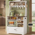 Bakers Rack with Storage and Power Outlet, Farmhouse Coffee Bar Cabinet, Microwave Stand with Storage Cabinet, 7 Hooks and Curved Design for Kitchen, Dining Room, Coffee Bar, Walnut, White