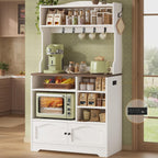 Bakers Rack with Storage and Power Outlet, Farmhouse Coffee Bar Cabinet, Microwave Stand with Storage Cabinet, 7 Hooks and Curved Design for Kitchen, Dining Room, Coffee Bar, Walnut, White