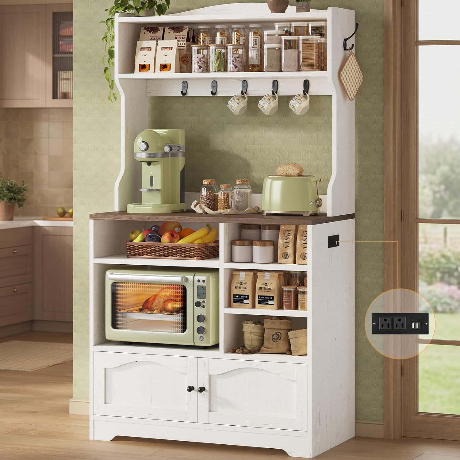Bakers Rack with Storage and Power Outlet, Farmhouse Coffee Bar Cabinet, Microwave Stand with Storage Cabinet, 7 Hooks and Curved Design for Kitchen, Dining Room, Coffee Bar, Walnut, White