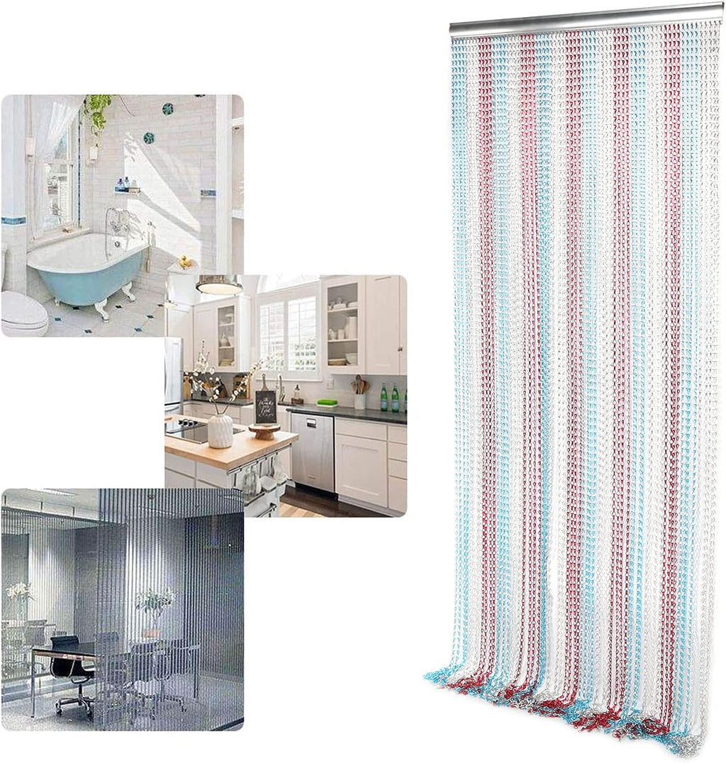 Dense Aluminum Chain Hanging Door Curtain, Ventilated Proof Room Divider in Red Blue Silver for Kitchen