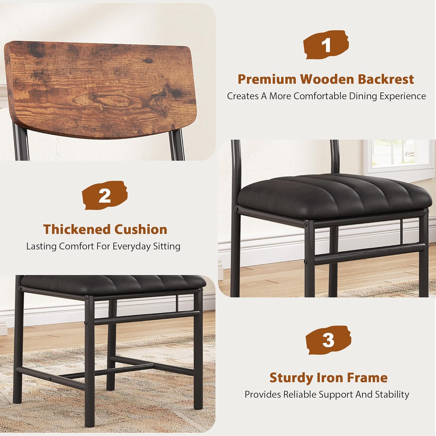 Jocoevol Industrial Dining Chairs Set of 6 - Upholstered Dining Room Chairs with PU Leather, Kitchen Chairs with Wooden Backrest and Thickened Metal Legs, for Dining Room, Living Room (6) (Brown)