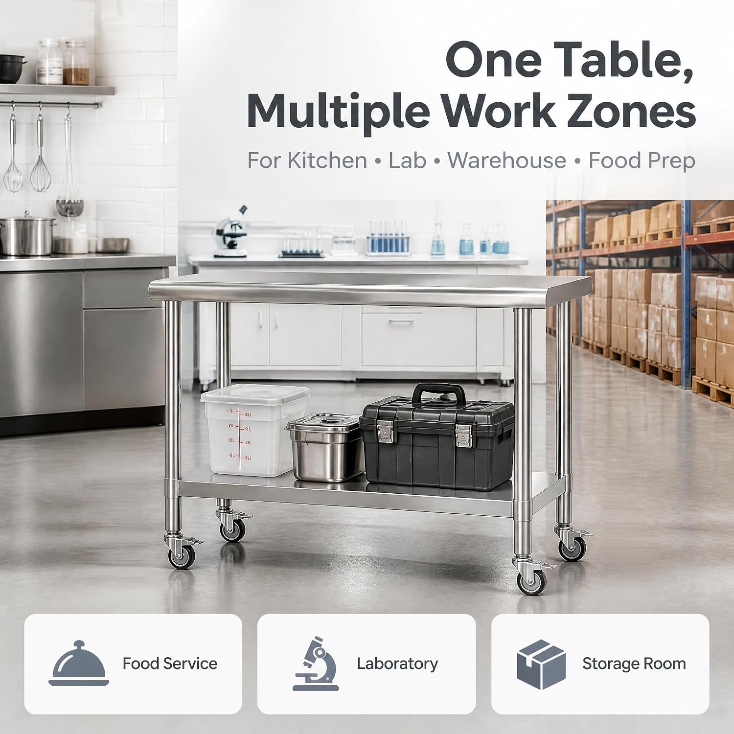 24x48 Stainless Steel Prep Table with Wheels, 1000 lbs, Kitchen, BBQ | Thickened Stainless Steel, 1000-Lb Capacity, Tool-Free Press-Fit Setup, 2-Tier Storage, 4 Locking Casters, 31.5-Inch Height