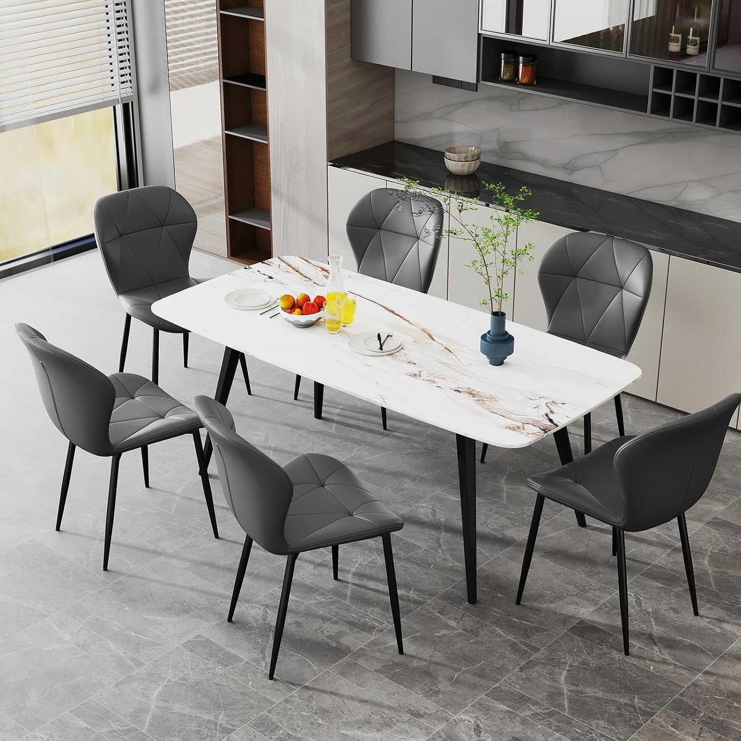 Dining Chairs, Modern Dining Room Chair Diamond Leather with Wooden and Metal Frame, Set of 2 (Gray)