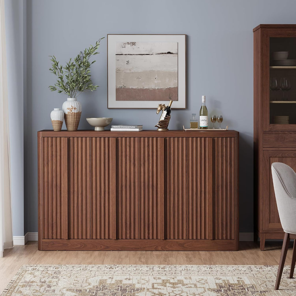 Fluted Buffet Cabinet with Storage, 60" Sideboard Buffet Storage Cabinet with 4 Doors & Adjustable Shelves, Wood Coffee Bar Credenza Storage Cabinet for Kitchen, Living Room, Walnut(1PCS)