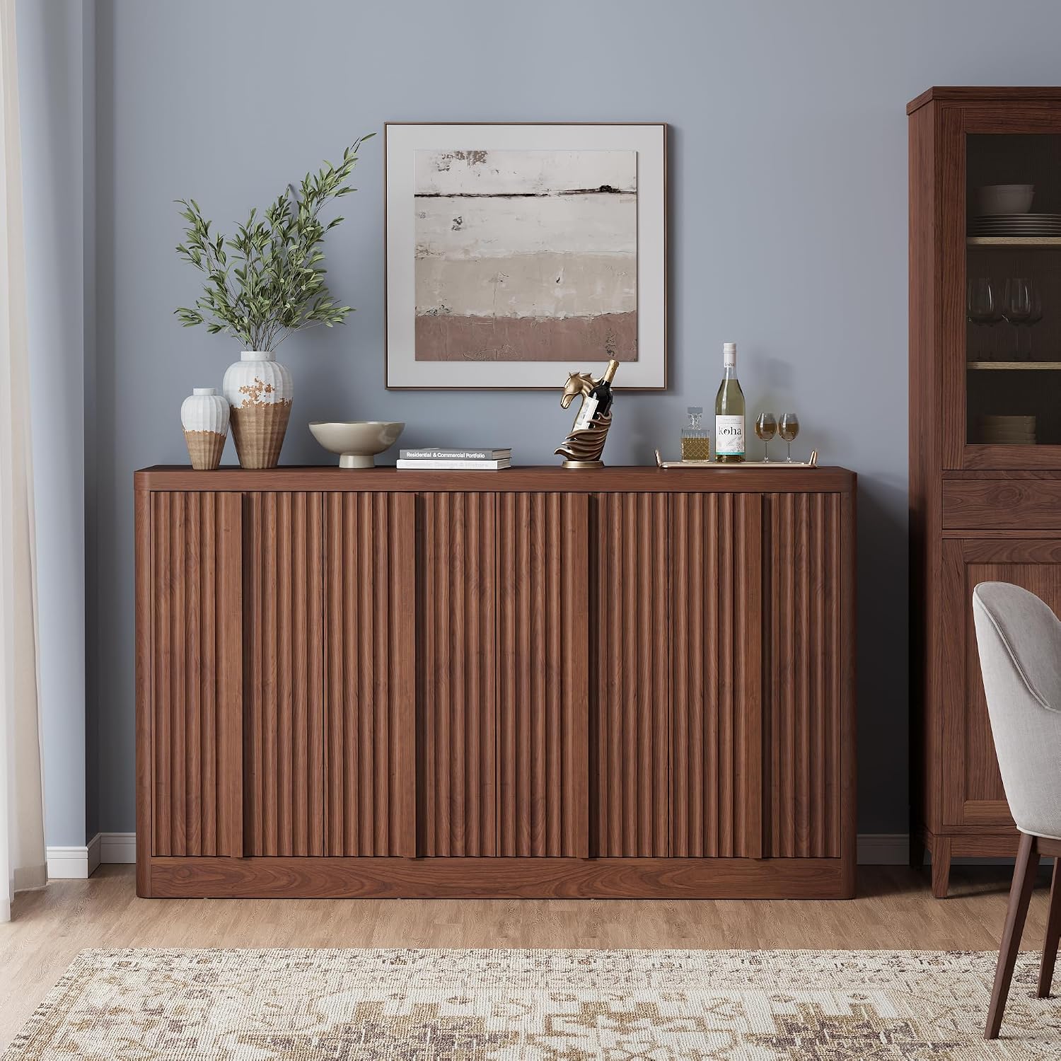 Fluted Buffet Cabinet with Storage, 60" Sideboard Buffet Storage Cabinet with 4 Doors & Adjustable Shelves, Wood Coffee Bar Credenza Storage Cabinet for Kitchen, Living Room, Walnut(1PCS)