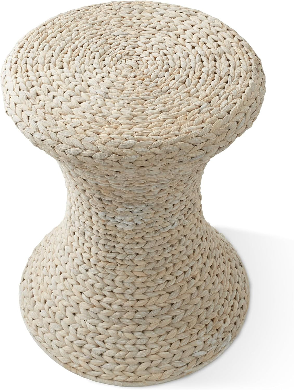 Casafield Hourglass Side Table, Whitewash White, Water Hyacinth Round End Table, Boho Woven Wicker Accent for Bedroom, Living Room, Office, Entryway