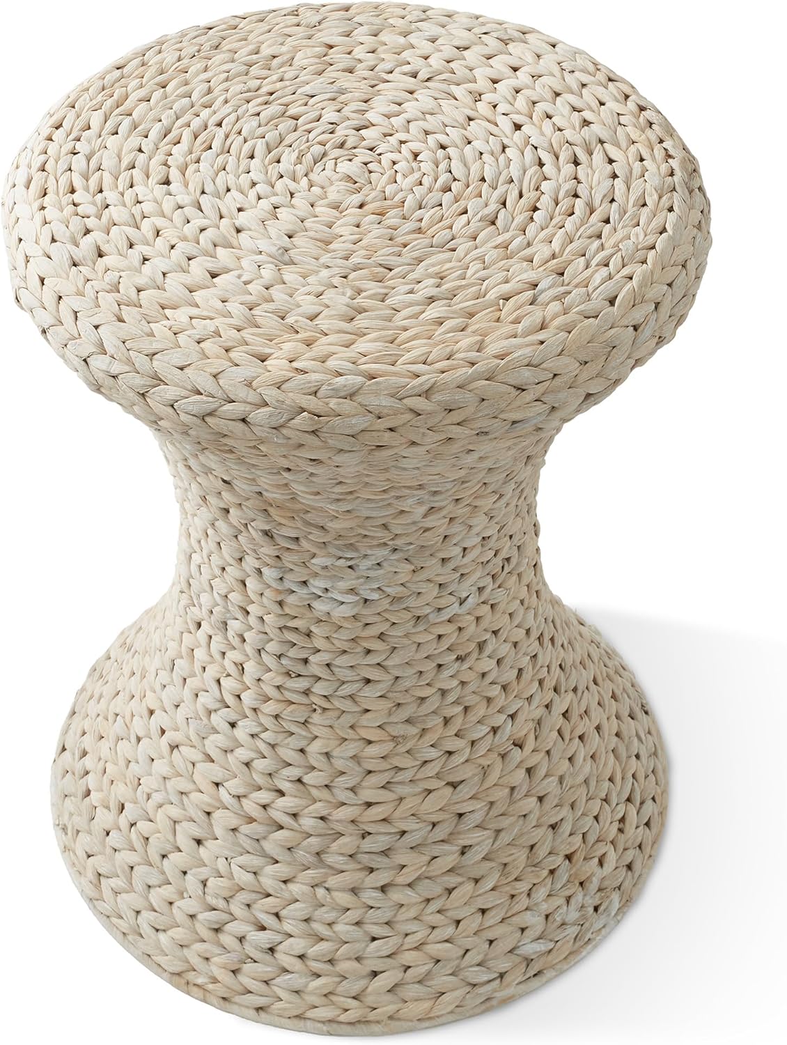 Casafield Hourglass Side Table, Whitewash White, Water Hyacinth Round End Table, Boho Woven Wicker Accent for Bedroom, Living Room, Office, Entryway
