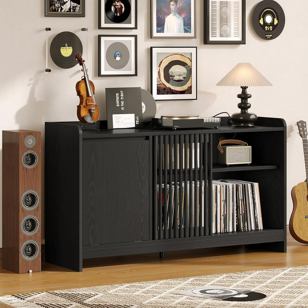 48" Record Player Stand with Flip-out Storage Cabinet, Holds 350+ Albums-Vinyl Record Table with Sliding Door & Adjustable Shelf, Modern Turntable Stand with Charging Station for Living Room Bedroom