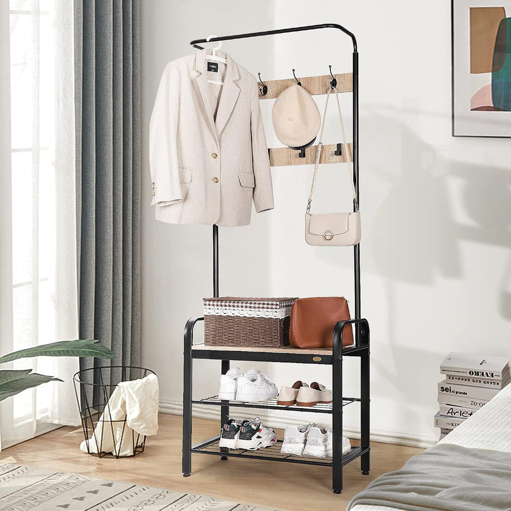 VIVOHOME 3-in-1 Entryway Hall Tree, Heavy Duty MDF Stand Coat Rack with Storage Bench, Industrial Wood Furniture with Stable Metal Frame, 8 Hooks, Light Brown