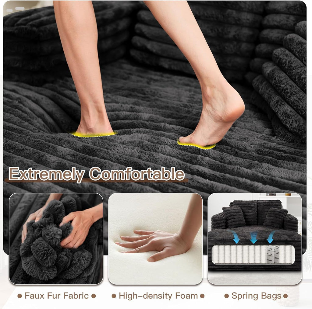 JEEOHEY 56" Oversized Chaise Lounge Chair Indoor,Plush Faux Fur Sleeper Sofa Couch Bed with Pillows&Wide Armrests,Fluffy Comfy Cloud Couch,Compression Foam Couch for Living Room,Bedroom(Black)