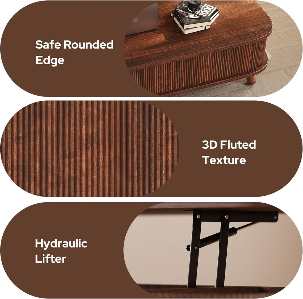 knoworld Fluted Lift Top Coffee Table with Storage, 47" Oval Coffee Table with 3-Partition Hidden Compartment, Mid Century Modern Wood Center Table for Living Room, Work & Dining from Sofa, Walnut