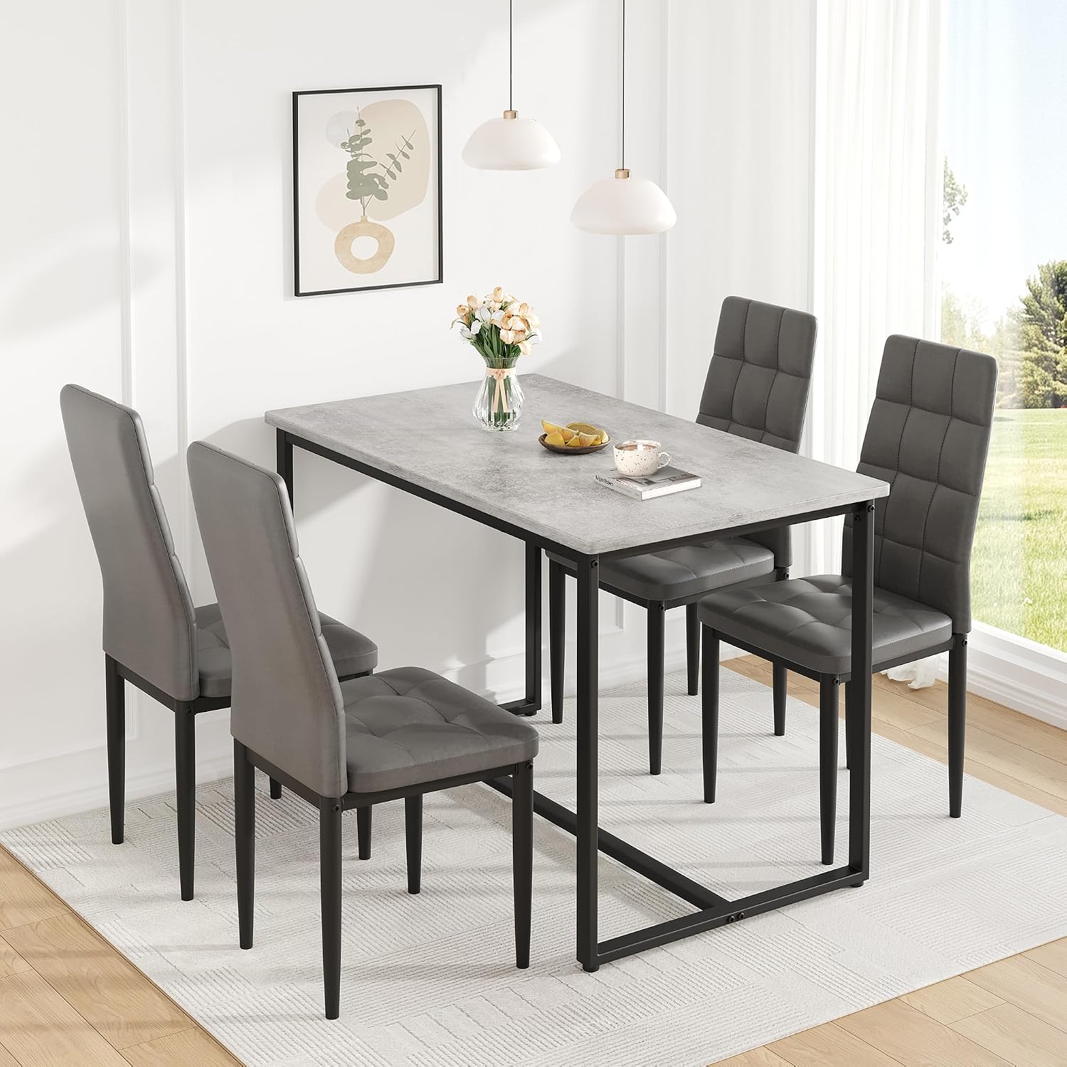 Dining Table Set for 4, PVC Faux Marble Kitchen Table Chairs Set of 4 with Upholstered PU Leather, Easy to Maintain, Sturdy and Scratch-Resistant, Space-Saving Dining Room Set
