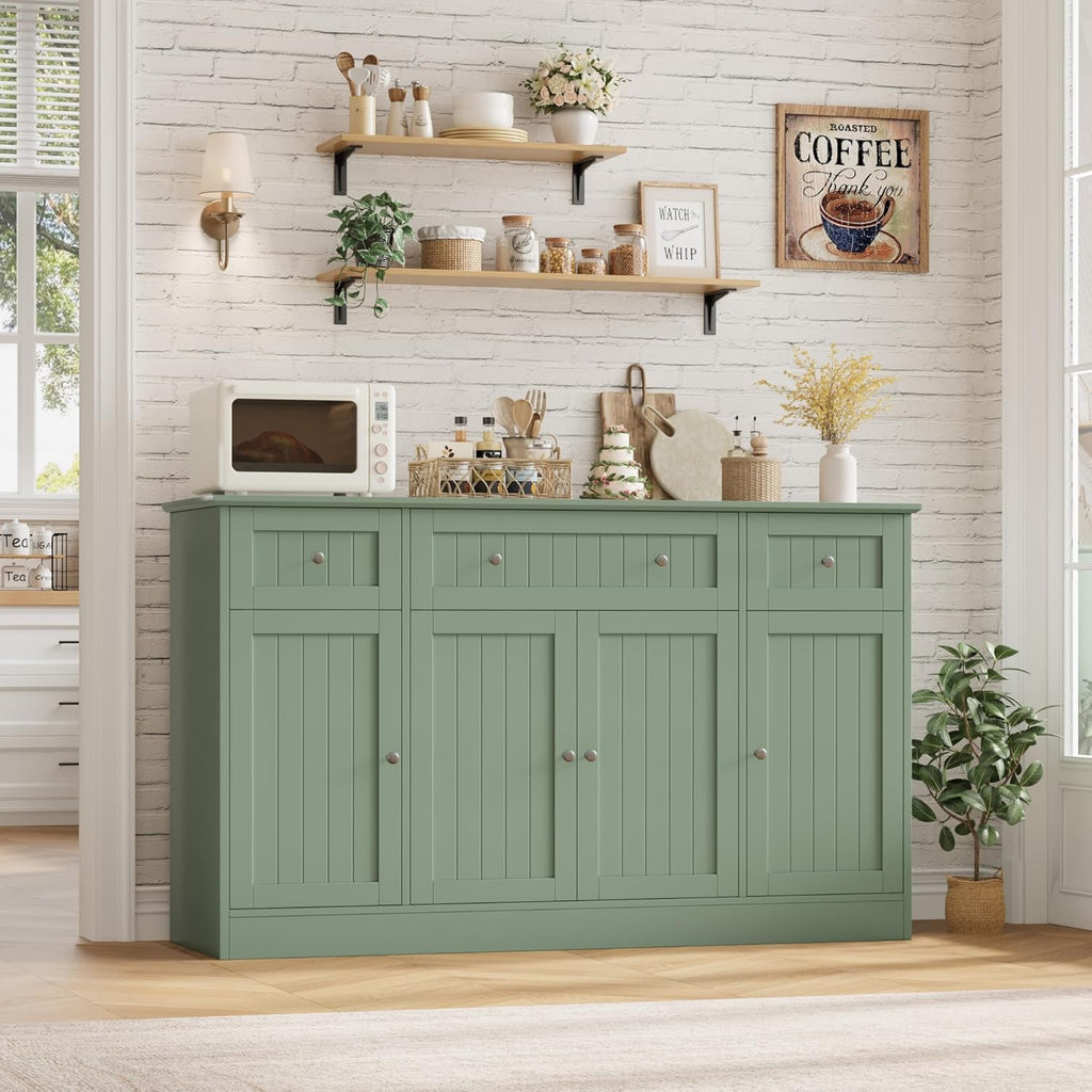 HITHOS 55" Sideboard Buffet Cabinet with Storage, Modern Kitchen Buffet Storage Cabinet with Drawers, Wood Coffee Bar with Adjustable Shelves, Large Sideboard for Kitchen, Living Room, Green