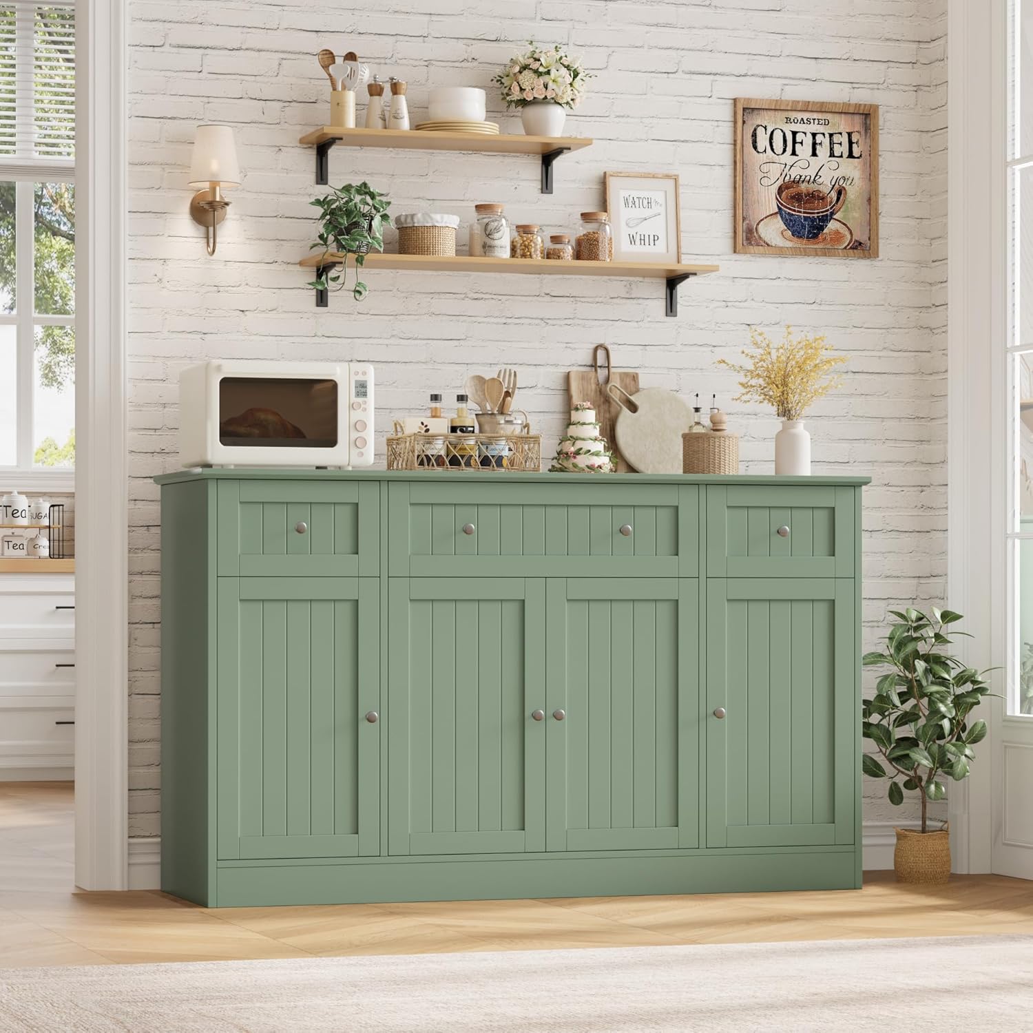 HITHOS 55" Sideboard Buffet Cabinet with Storage, Modern Kitchen Buffet Storage Cabinet with Drawers, Wood Coffee Bar with Adjustable Shelves, Large Sideboard for Kitchen, Living Room, Green
