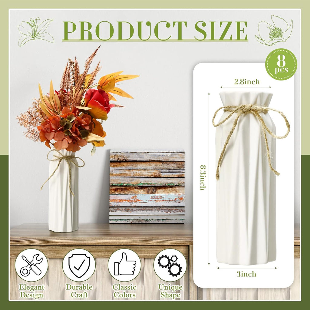 Qinyoung White Ceramic Bud Vase Set of 8, 8'' Small White Flower Vase for Centerpieces, Modern Floral Decor for Wedding Party Dining Table Home Decoration(Classic)