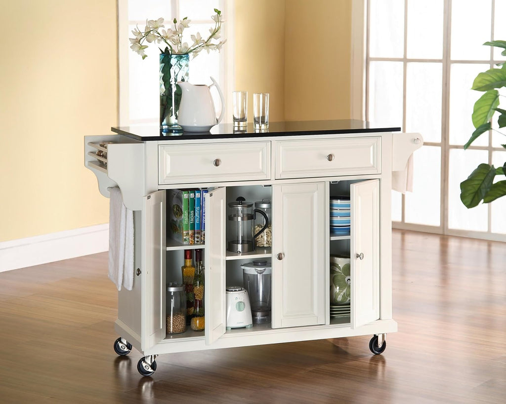 Crosley Furniture Full Size Granite Top Rolling Kitchen Island Storage Cart, Microwave Stand, Spice Rack, White