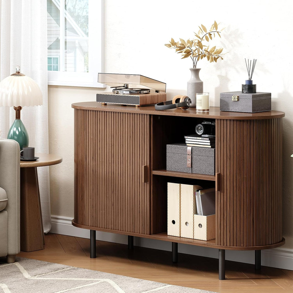 Buffet Cabinet with Storage, Fluted Sideboard Buffet with Sliding Door, Coffee Bar Cabinet with Adjustable Shelf, Console Table, Accent Table for Entryway, Kitchen (Walnut, 48 Inch)
