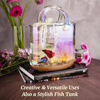 NiHome Iridescent Glass Purse Vase, Glass Handbag Vase for Flowers, Wide Mouth Glass Vase for Home Décor, Weddings, Birthdays, Durable Thickened Handle & Silk Ribbon Bow, Versatile Use as Fishbowl